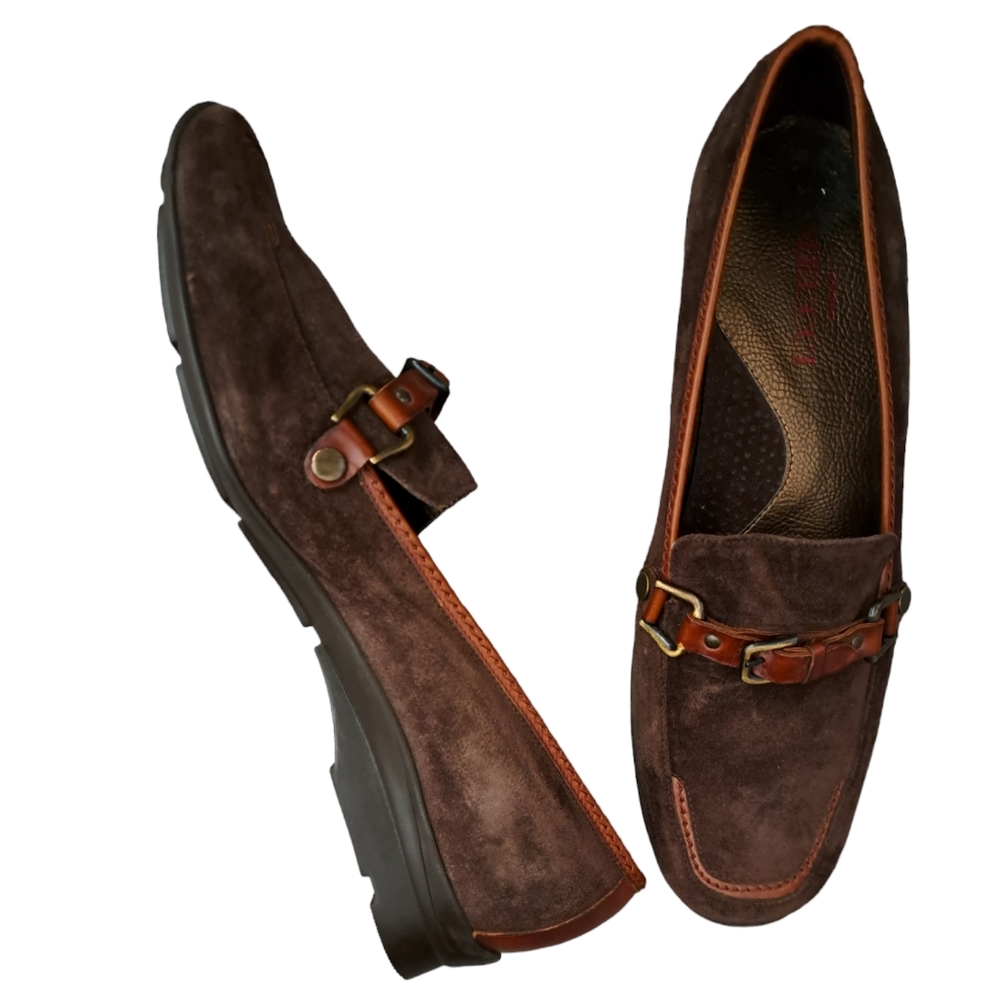 Sesto Meucci Dark Brown Suede Loafers with Cognac Trim